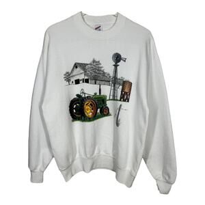 Vintage Farm Green Tractor Crewneck Sweatshirt Large White Jerzees USA Made